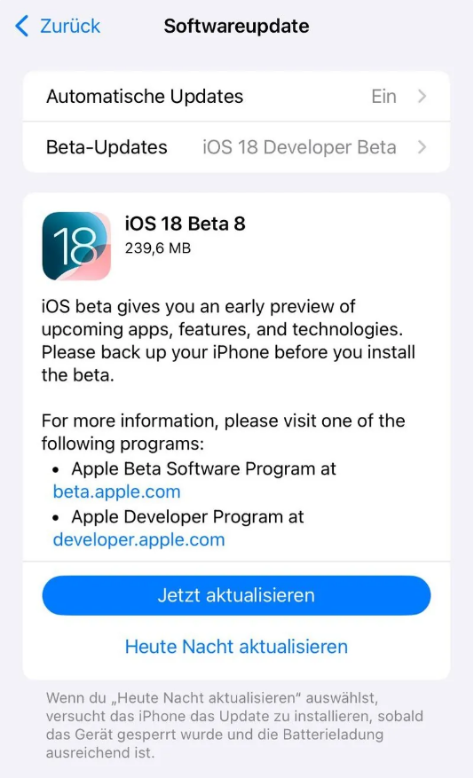 宜君苹果手机维修分享苹果 iOS / iPadOS 18 开发者预览版 Beta 8 发布 